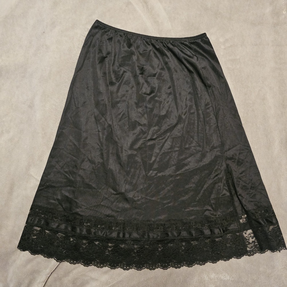 Vintage Women's Nylon Slip Skirt With Slit And Lace Detail Large Gothcore‎